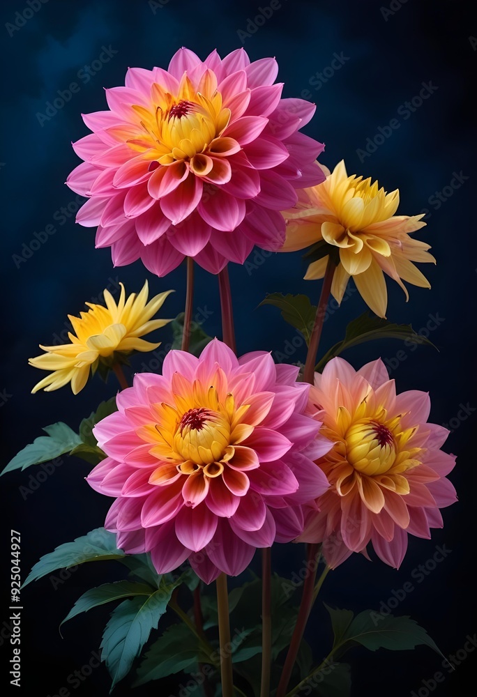 Colorful dahlia flowers blooming against a dark blue background Colorful dahlia flowers blooming against a dark blue background