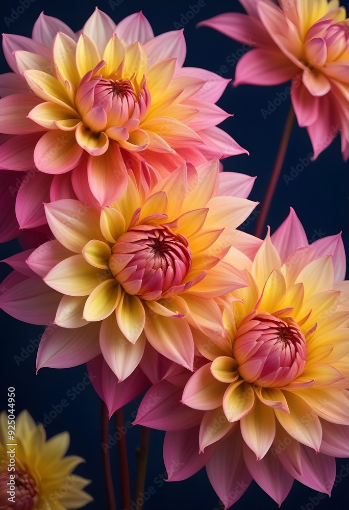 Colorful dahlia flowers blooming against a dark blue background Colorful dahlia flowers blooming against a dark blue background