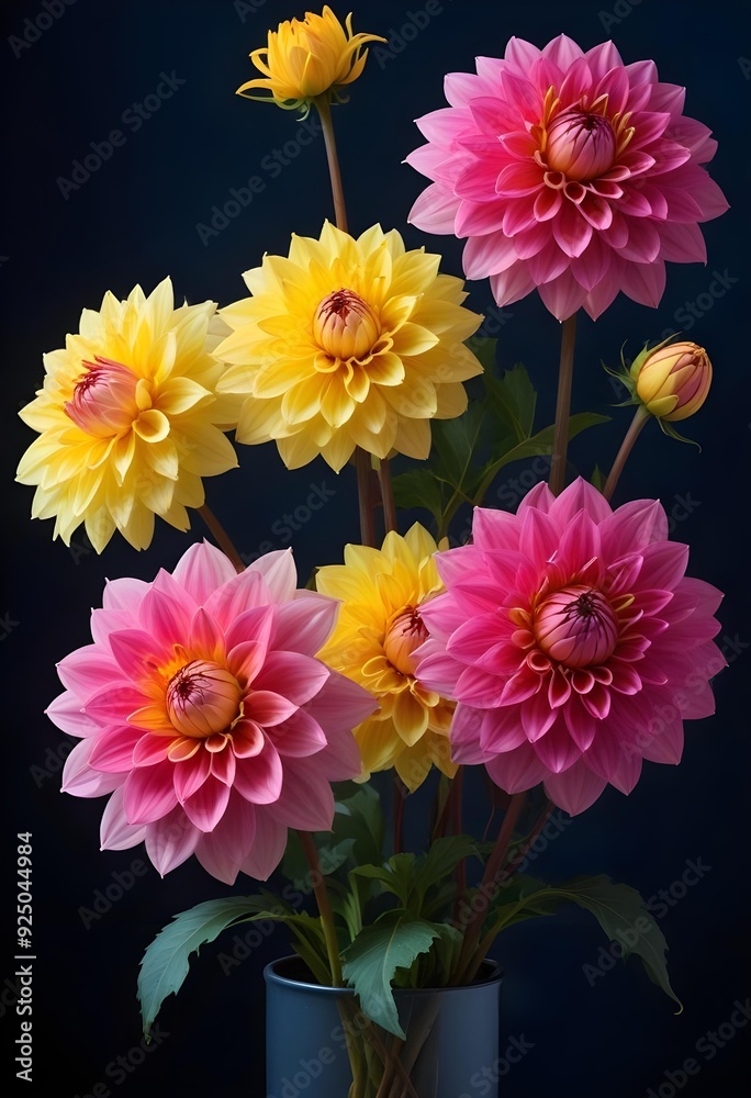 Colorful dahlia flowers blooming against a dark blue background Colorful dahlia flowers blooming against a dark blue background