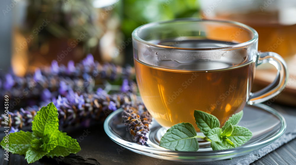herbal tea in class mug with herbs arround herbal tea in class mug with herbs arround