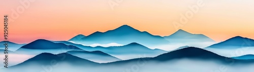 Serene mountain landscape at sunrise, showcasing gentle slopes and a soft color palette with misty layers for a tranquil mood.