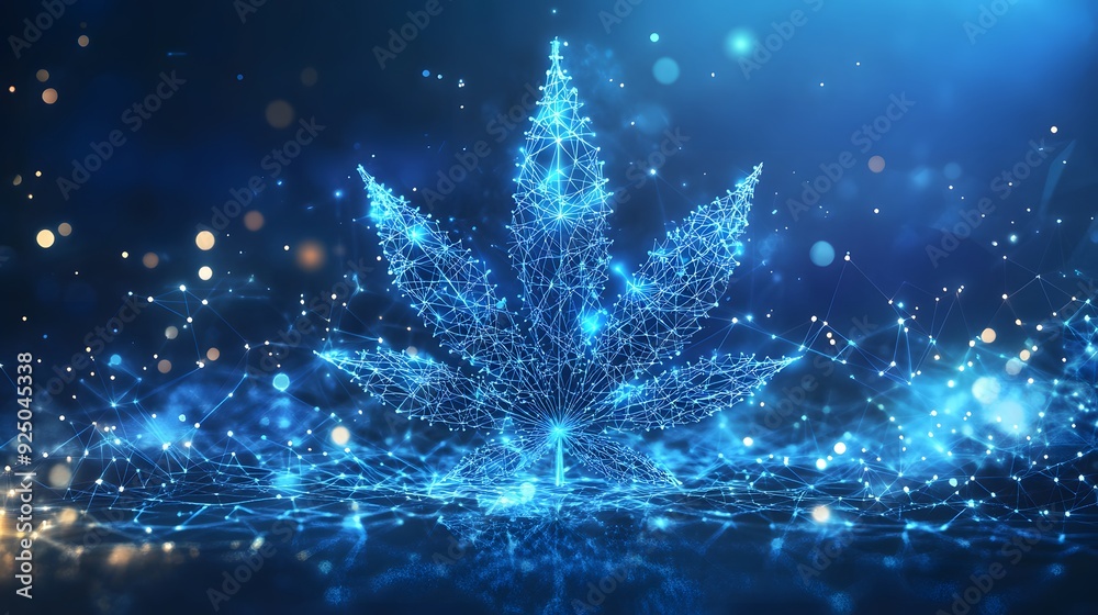Marijuana leaves on a technology background, close up top view on cannabis leaves and branches on technology background for alternative medical and marketing design concept Marijuana leaves on a technology background, close up top view on cannabis leaves and branches on technology background for alternative medical and marketing design concept