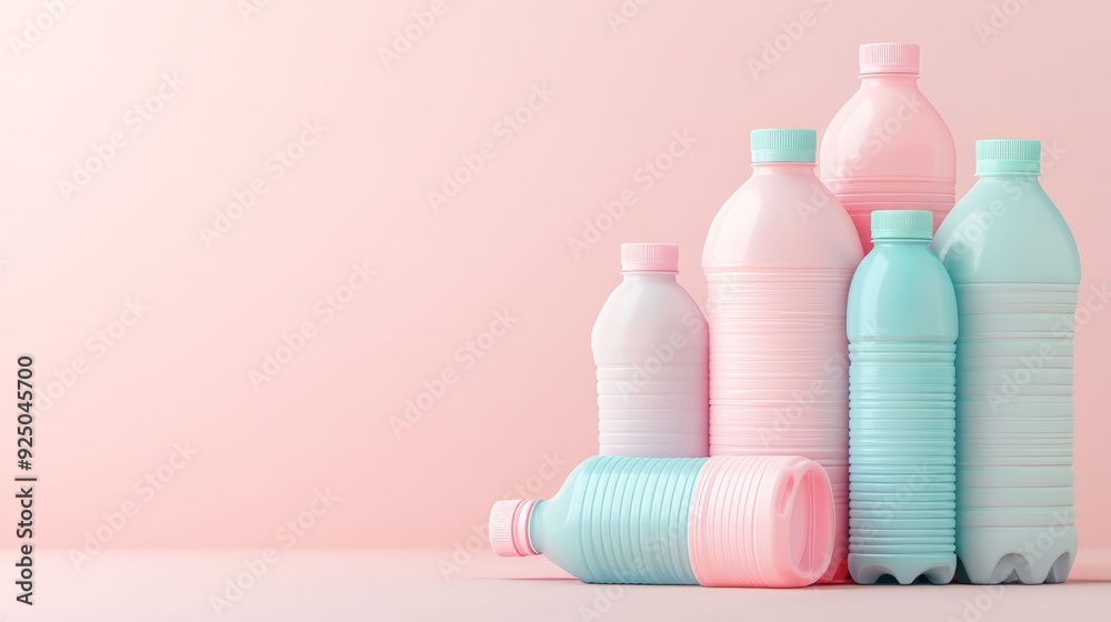 A collection of colorful plastic bottles arranged creatively against a soft pastel background, perfect for design or advertising. A collection of colorful plastic bottles arranged creatively against a soft pastel background, perfect for design or advertising.
