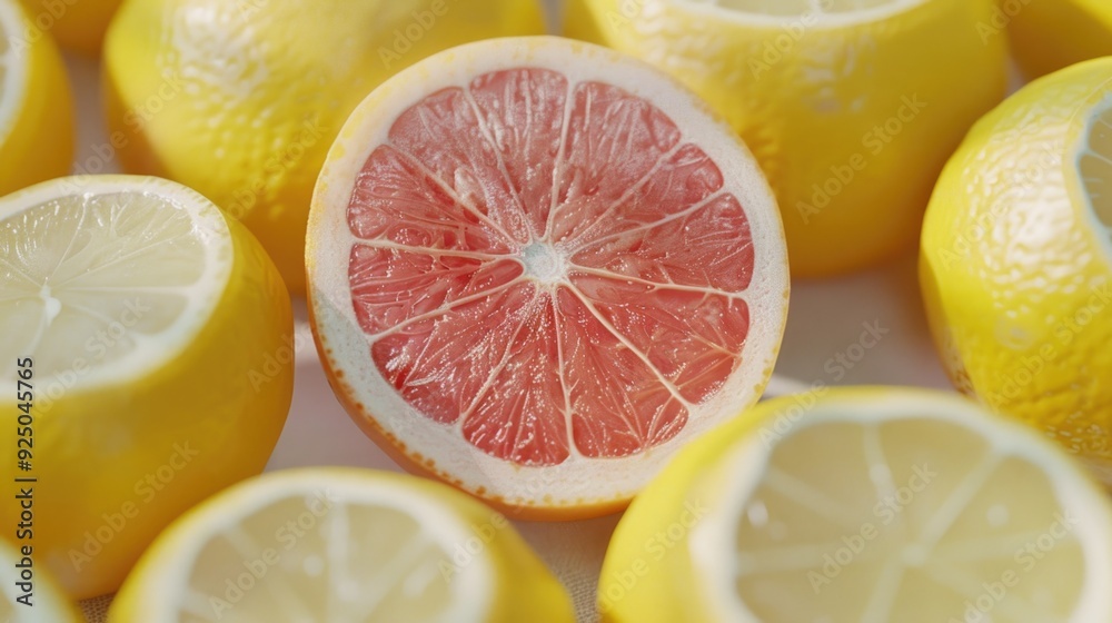 A bunch of fresh grapefruit with juicy, pink interiors. A bunch of fresh grapefruit with juicy, pink interiors.