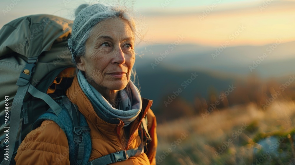 A woman with a backpack hikes towards the sunset on a mountain trail. A woman with a backpack hikes towards the sunset on a mountain trail.