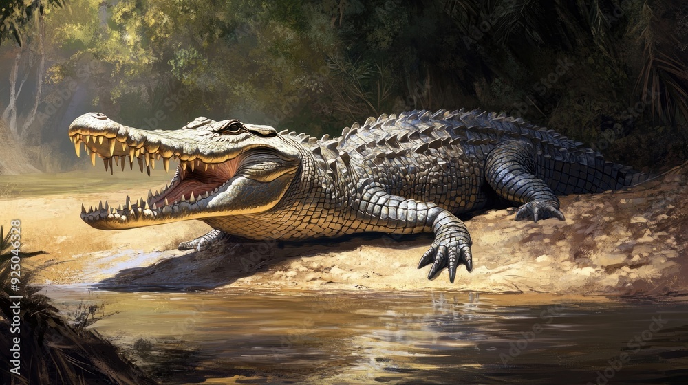 Fototapeta premium A Nile crocodile basking on the riverbank, with its powerful jaws open, ready to catch prey, portraying the strength of reptiles