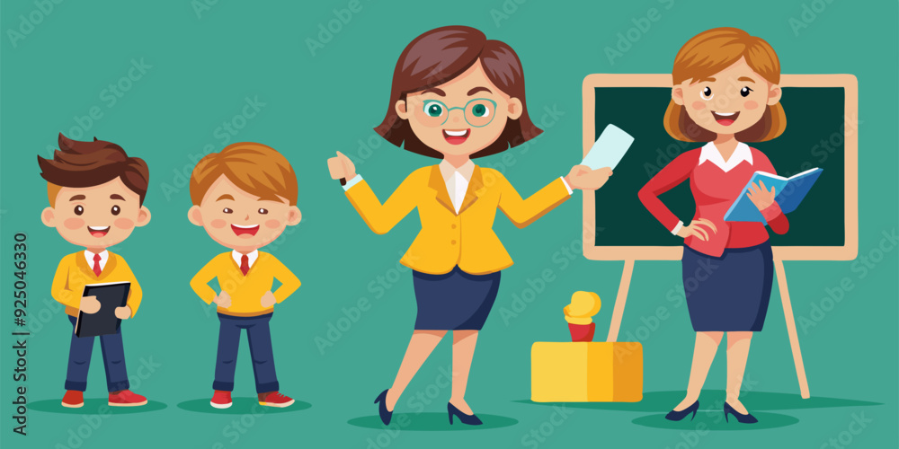 Teacher woman or mancharacter set. Friendly teacher points, poses, writes on the blackboard, looks at the phone, speaks
Teacher woman or mancharacter set. Friendly teacher points, poses, writes on the blackboard, looks at the phone, speaks