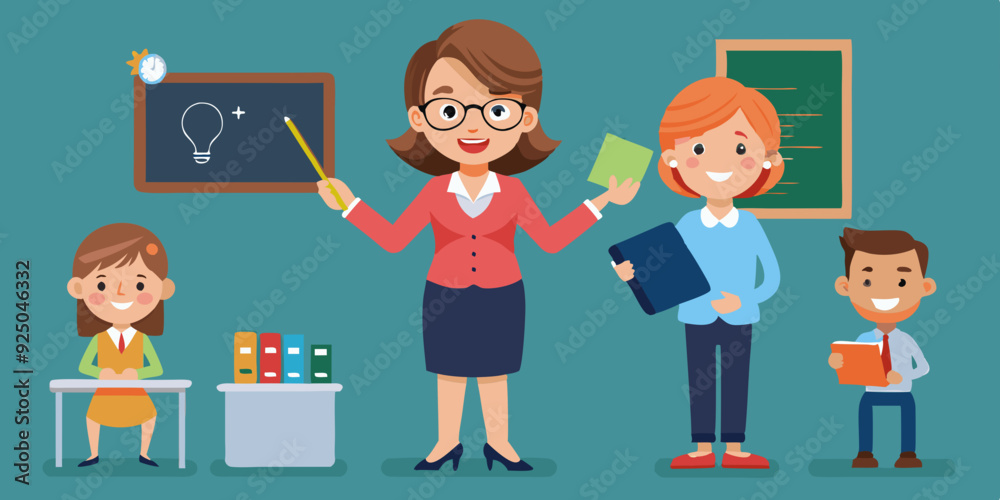 Teacher woman or mancharacter set. Friendly teacher points, poses, writes on the blackboard, looks at the phone, speaks
