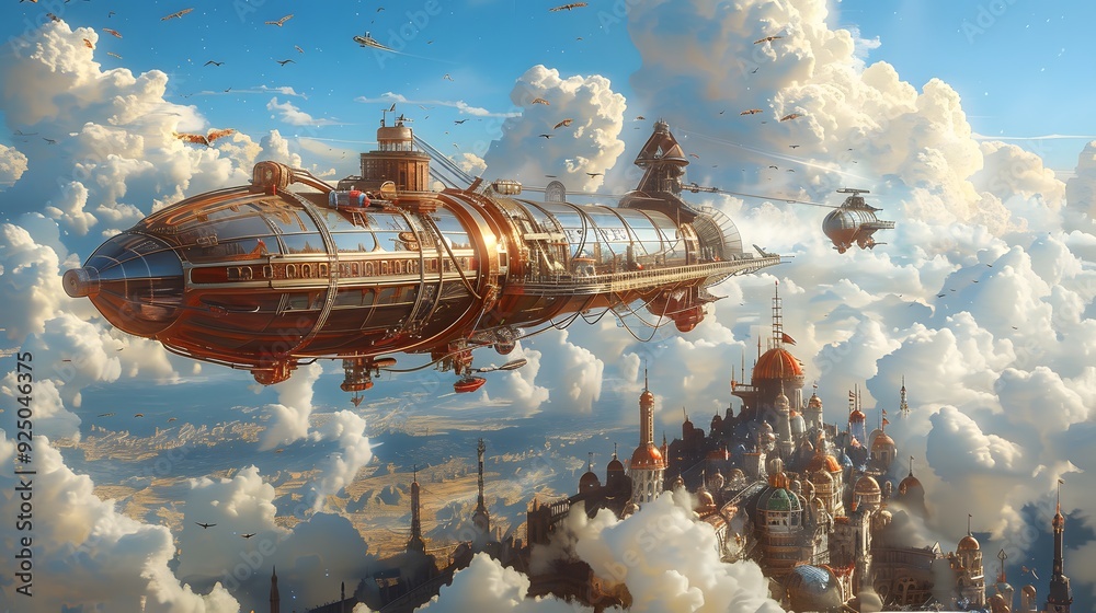 Steampunk Airship Flying Over City in the Clouds. Steampunk Airship Flying Over City in the Clouds.
