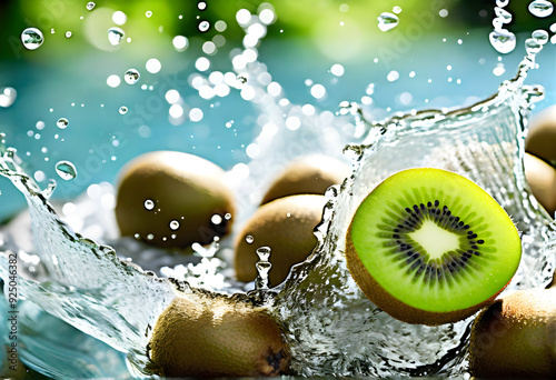 Farm to Table. Close-Up of Freshly Picked kiwi . splash of water	