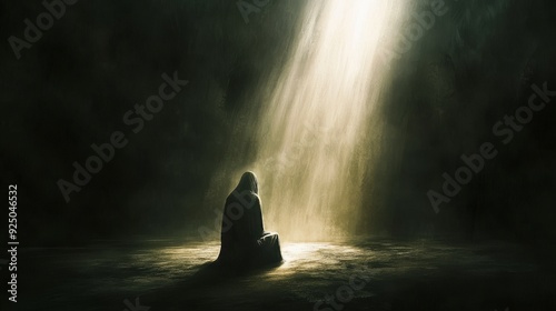 Supernatural light descends from above, illuminating a lonely figure in a dark room, conveying the divine essence of holding a plan and a cherished desire close to the heart. photo