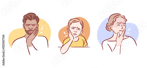 An engaging illustration that depicts various facial expressions of individuals who are experiencing dental discomfort. recognizing Expressions of Dental Pain in both Adults and Children