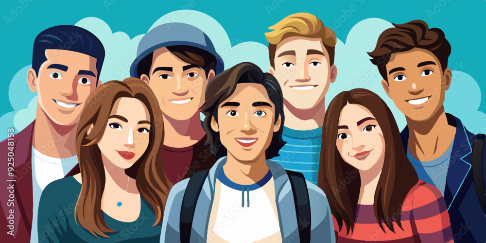 Company of modern happy teenagers friends. A group of school or college students. Portrait of young people, guys and girls
Company of modern happy teenagers friends. A group of school or college students. Portrait of young people, guys and girls