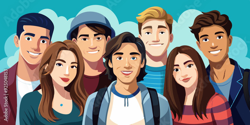 Company of modern happy teenagers friends. A group of school or college students. Portrait of young people, guys and girls
