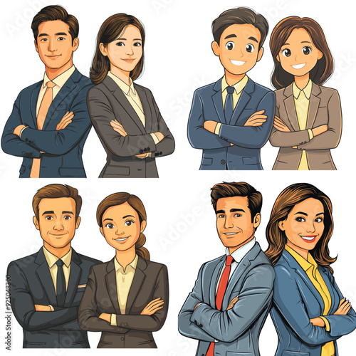 A group of four people in business attire, all smiling and posing for a picture. Scene is positive and professional