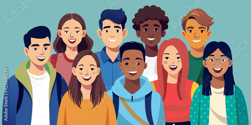 Company of modern happy teenagers friends. A group of school or college students. Portrait of young people, guys and girls
