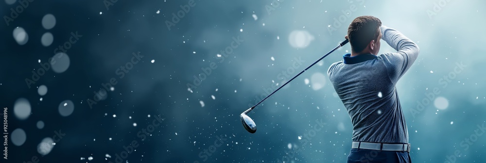 A golfer is captured mid-swing while playing in snowy weather, highlighted under a bright spotlight, showcasing athletic precision and determination.
