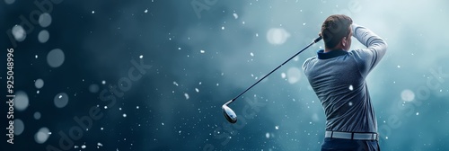Obraz na płótnie A golfer is captured mid-swing while playing in snowy weather, highlighted under a bright spotlight, showcasing athletic precision and determination. w salonie