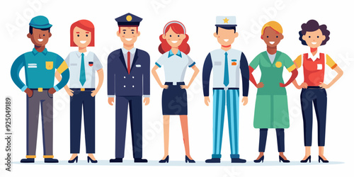 Set of people of different professions. Men and women in uniform in full length on a white background
