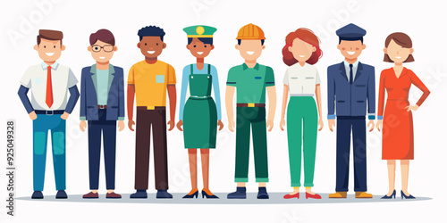 Set of people of different professions. Men and women in uniform in full length on a white background
