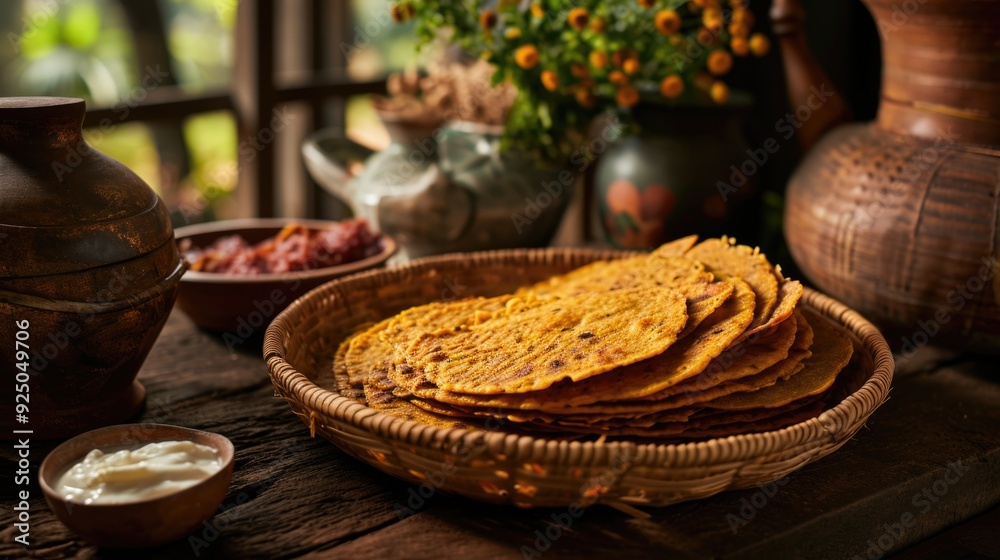 A variety of tortillas and snacks in a bamboo basket, arranged on a rustic wooden table with traditional Mexican ingredients. A variety of tortillas and snacks in a bamboo basket, arranged on a rustic wooden table with traditional Mexican ingredients.