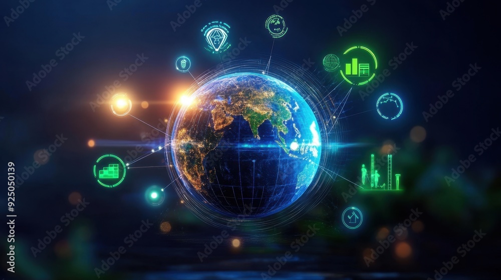 Fototapeta premium A globe surrounded by green energy icons, with carbon credit symbols orbiting the planet