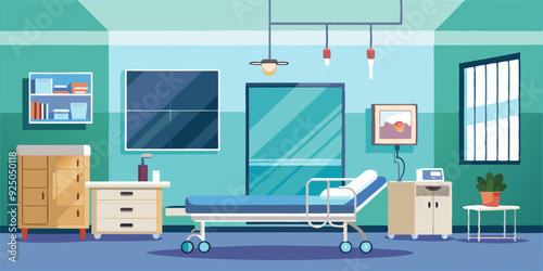Interior of an empty hospital room with a bed and medical equipment. Vector illustration
