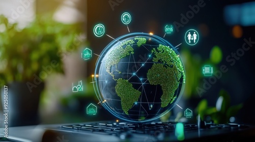 Fototapeta Naklejka Na Ścianę i Meble -  A globe surrounded by green energy icons, with carbon credit symbols orbiting the planet