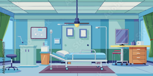 Interior of an empty hospital room with a bed and medical equipment. Vector illustration
