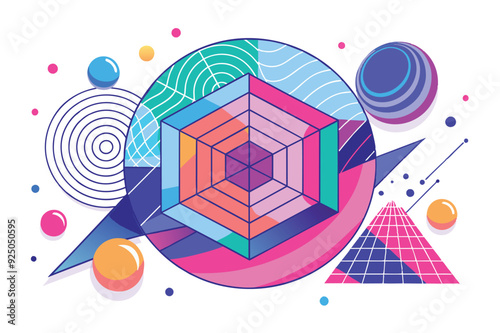 A lively abstract artwork composed of diverse geometric shapes in bright colors, offering a captivating and modern aesthetic.
