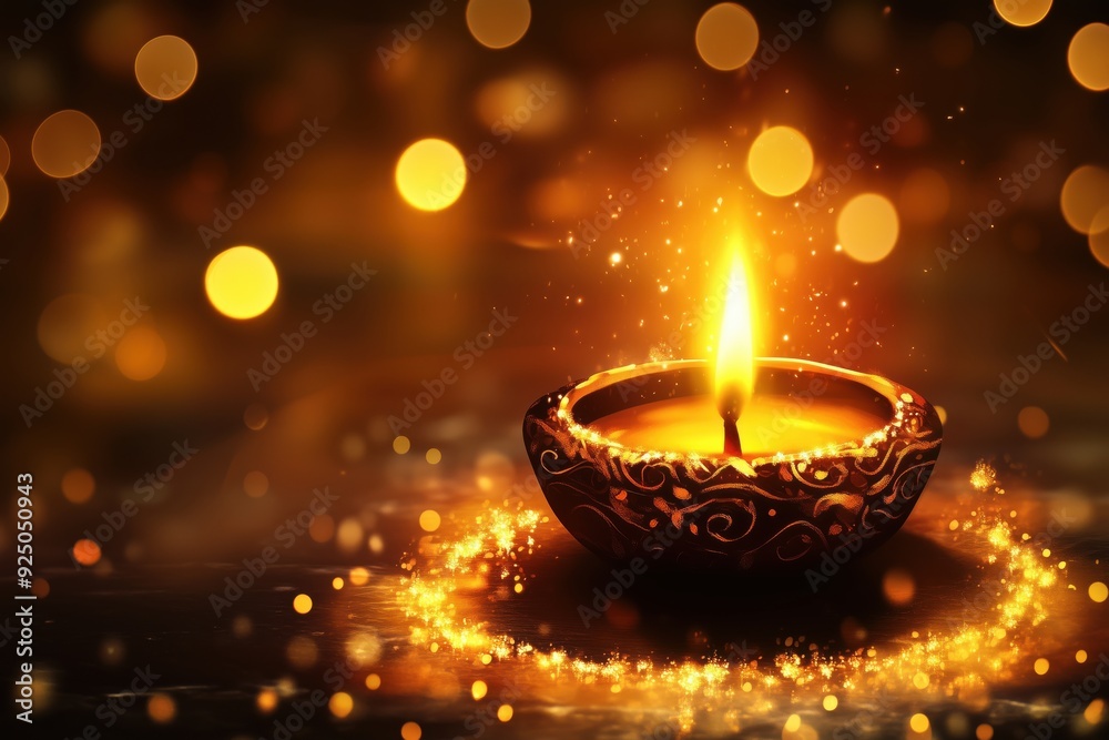 Diwali festival lamp spreading light and sparkles. Copy space. Diwali greeting card