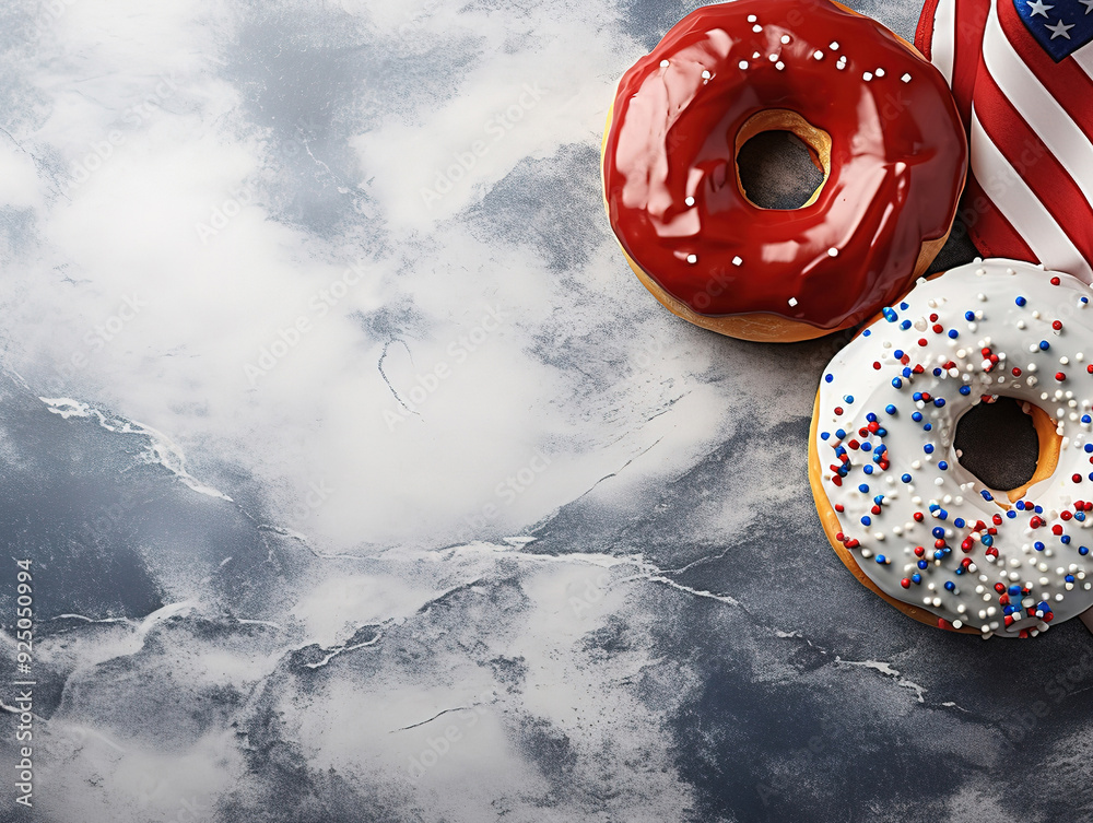 Φωτογραφία American donuts with glaze in colors of USA flag blue red white