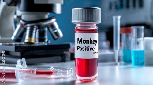 Close-up image of blood sample tube marked "Positive for MPOX" in laboratory setting