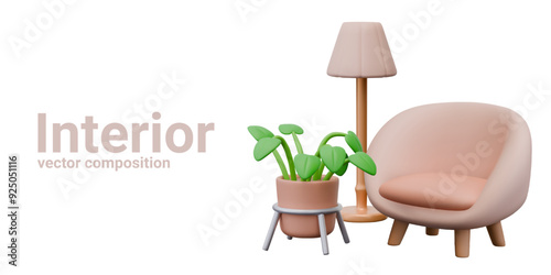 Cute vector composition for online interior design. Comfortable chair, floor lamp, plant in pot