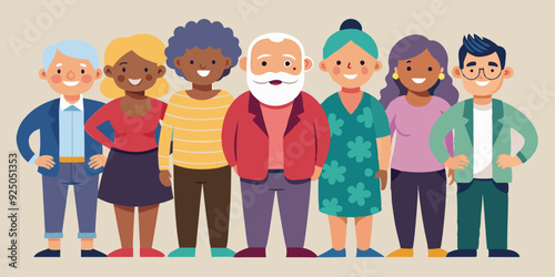 Group of elderly people stand together. Happy seniors, old men and women of different nations
