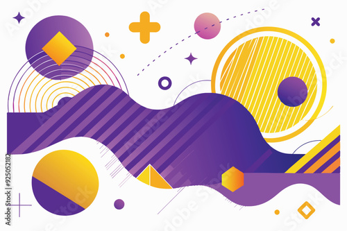A colorful composition with a purple and yellow background, embellished with an array of circles and geometric shapes.