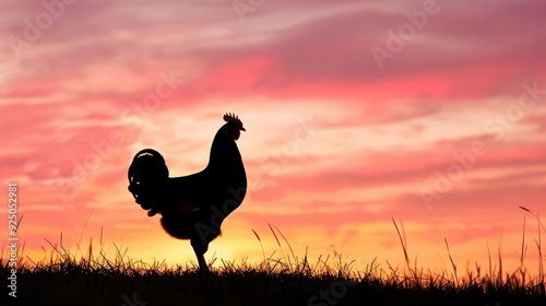 Silhouette of a rooster standing on grass during sunset