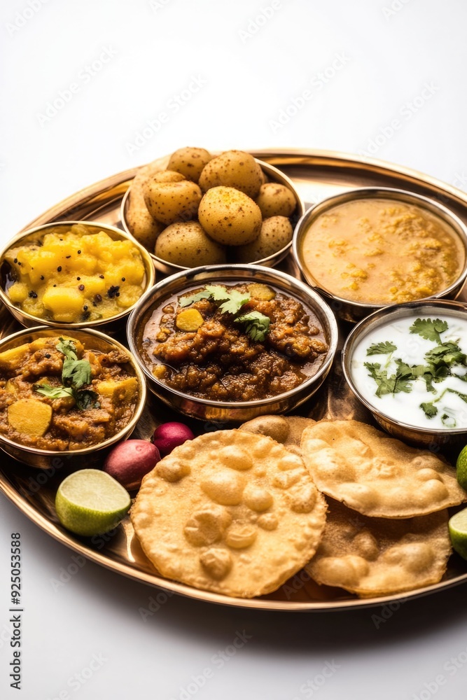 A traditional Indian thali plate with a variety of dishes, including dal, roti, pickles, chutneys, samosas, gulab jamun, yogurt, and mint leaves garnished with herbs and spices. A traditional Indian thali plate with a variety of dishes, including dal, roti, pickles, chutneys, samosas, gulab jamun, yogurt, and mint leaves garnished with herbs and spices.