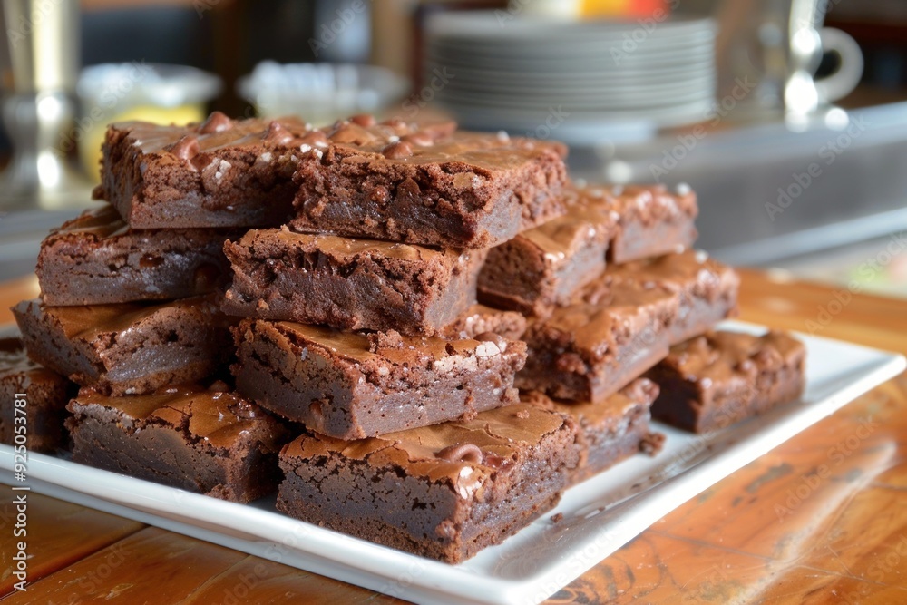 Delicious homemade chocolate brownies cooling on a white plate