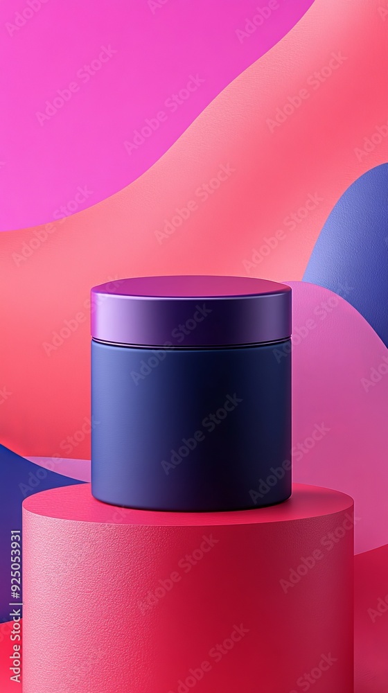 A blue container sits on a red and blue platform A blue container sits on a red and blue platform