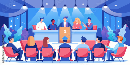 Conference or forum. Panelists on stage discuss the topic of the meeting in a large conference room. An event with speakers experts.
