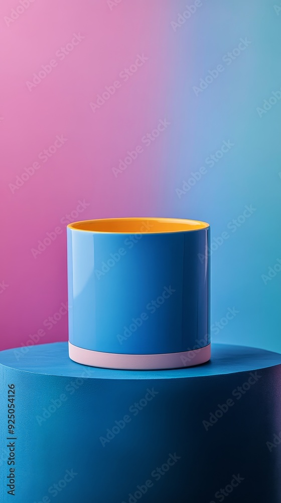 A blue and yellow vase sits on a blue pedestal A blue and yellow vase sits on a blue pedestal