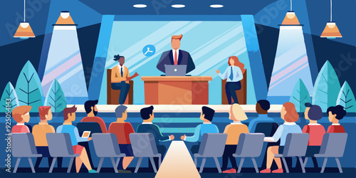 Conference or forum. Panelists on stage discuss the topic of the meeting in a large conference room. An event with speakers experts.
