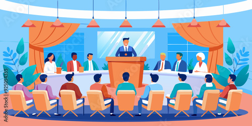 Conference or forum. Panelists on stage discuss the topic of the meeting in a large conference room. An event with speakers experts.
