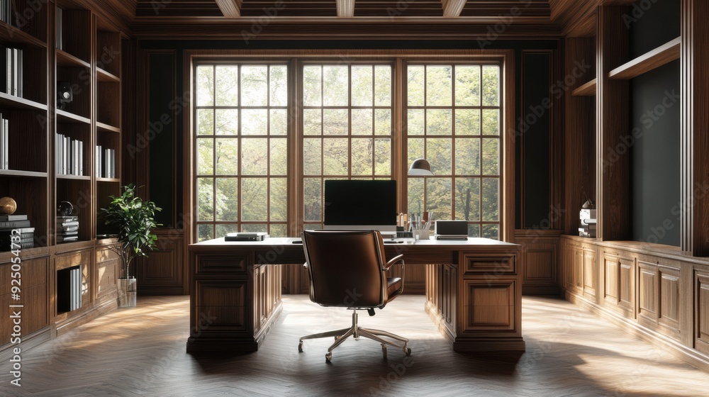 A large room with a desk and chair in front of windows, AI A large room with a desk and chair in front of windows, AI