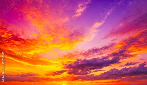 A stunning sky ablaze with vivid hues of orange, purple, and yellow, capturing the dramatic beauty of a sunset as the colors streak across the horizon.