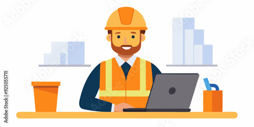 Set of character construction engineer in helmet and signal vest. Builder or foreman with a laptop, at desktop
