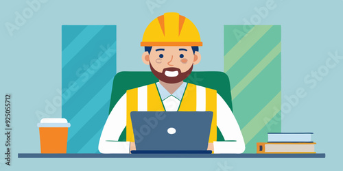 Set of character construction engineer in helmet and signal vest. Builder or foreman with a laptop, at desktop
