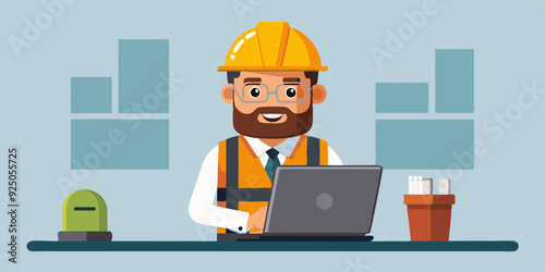 Set of character construction engineer in helmet and signal vest. Builder or foreman with a laptop, at desktop
