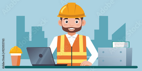 Set of character construction engineer in helmet and signal vest. Builder or foreman with a laptop, at desktop
